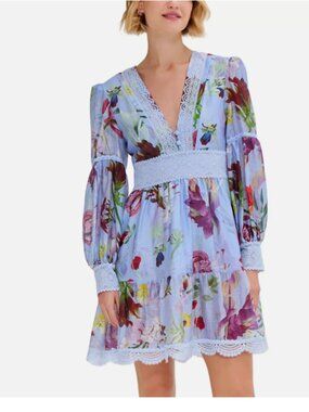 PatBO Lily Flower Long Sleeved Plunge Mini Dress